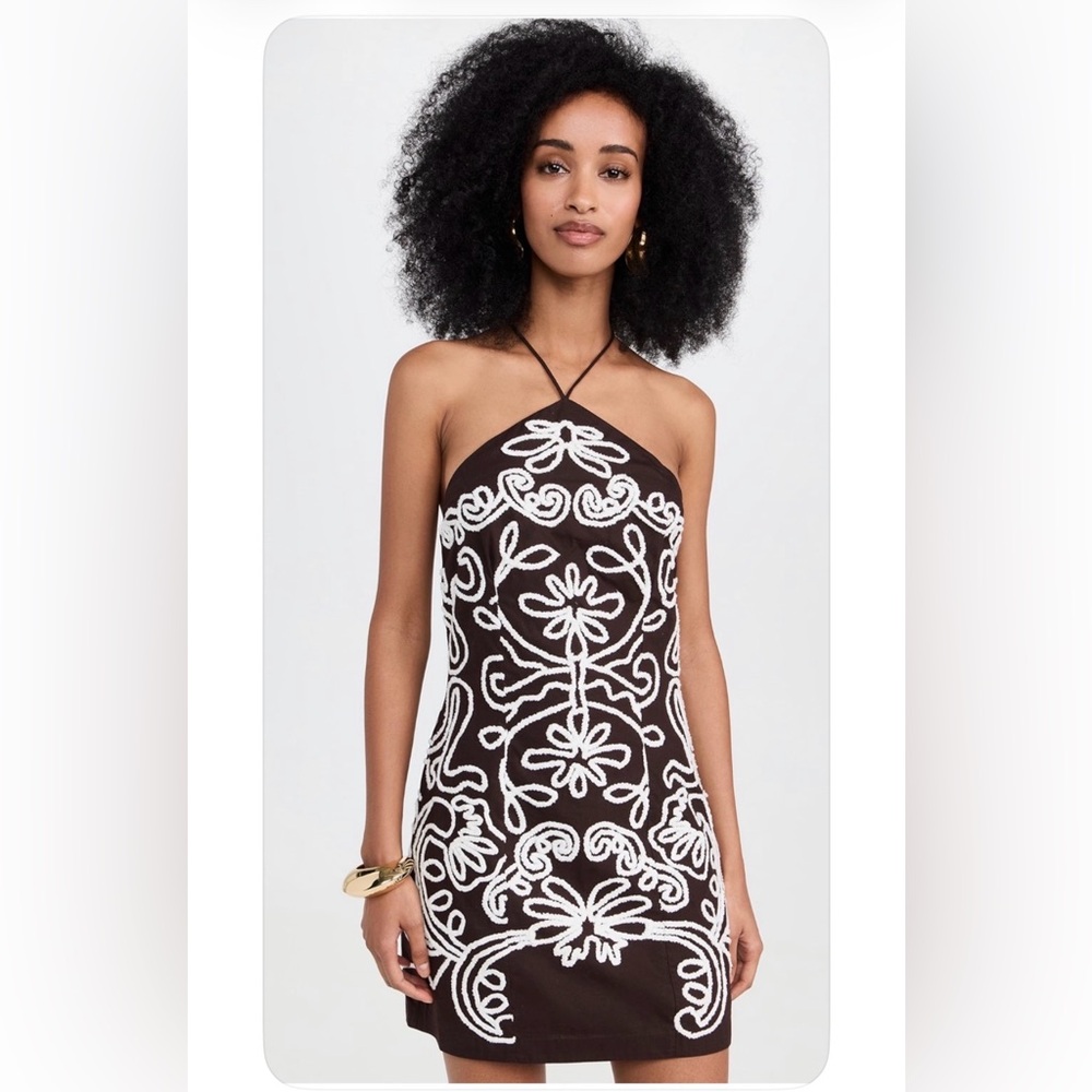 Brown Halter Dress with White Floral Embroidery